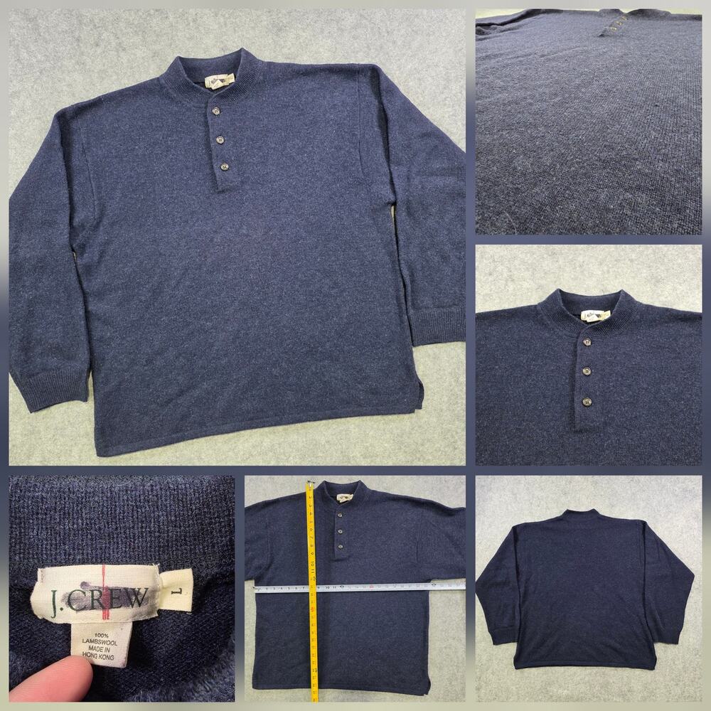 VTG J Crew Sweater Mens Large Navy 100% Lambswool Henley Mock Neck Pullover